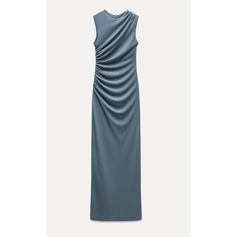 NEW Zara Size Small Long Maxi GATHERED Cocktail Party Formal Gray Dusty Blue